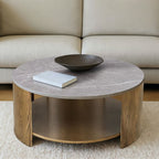Keegan Round Coffee Table with Shelf Faux Marble Top Oak MDF Coffee Table