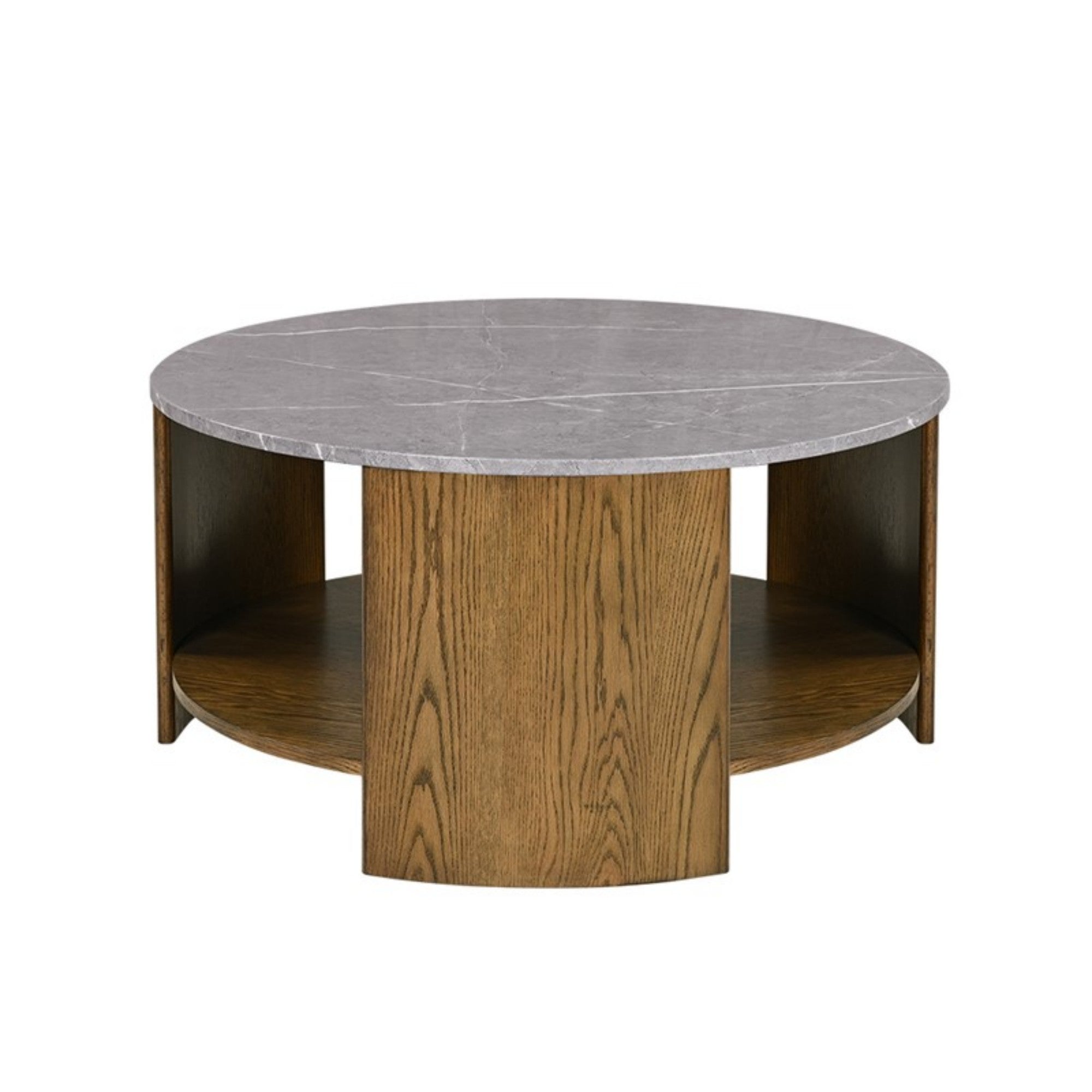 Keegan Round Coffee Table with Shelf Faux Marble Top Oak MDF Coffee Table
