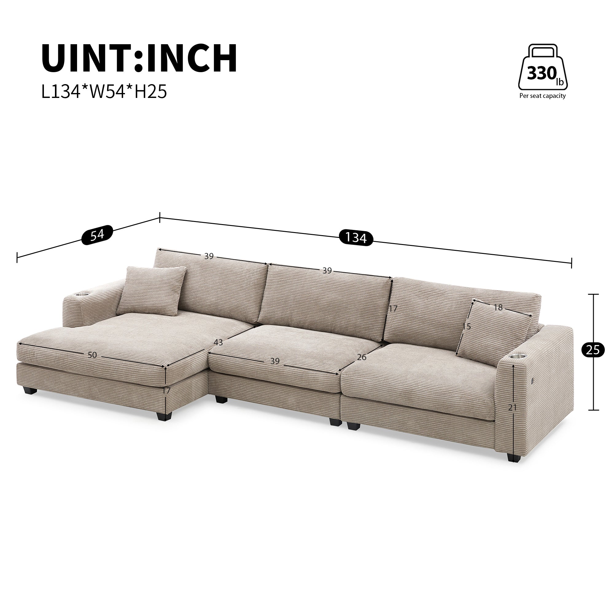 [VIDEO+NEW]134*54 Oversized Corduroy Sectional Sofa,L Shaped Cloud Couch with USB Charging Port,Cup Holder,Deep and Wide Seat Sofa with 50 Chaise,Comfy Indoor Furniture for Living Room,3 Colors