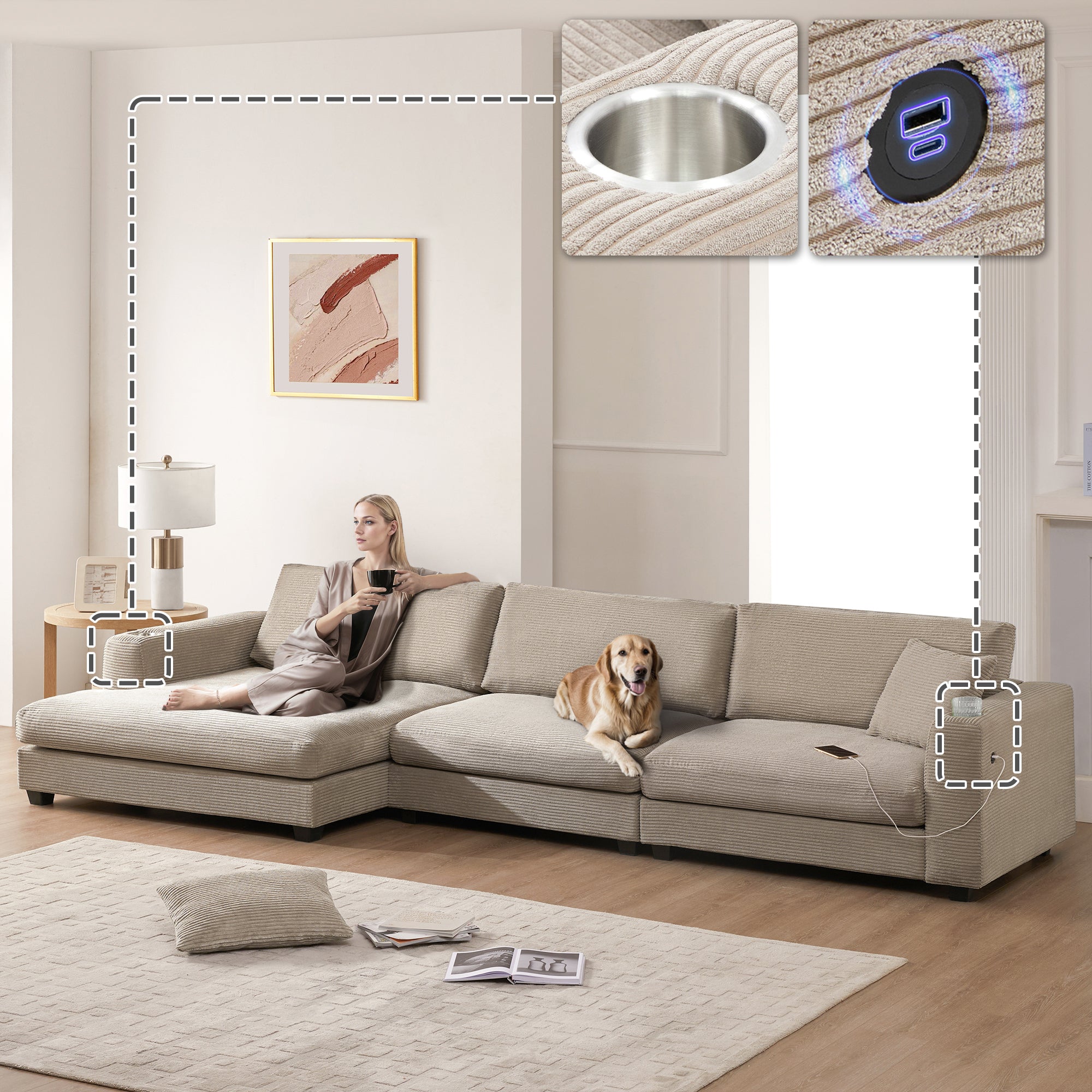 [VIDEO+NEW]134*54 Oversized Corduroy Sectional Sofa,L Shaped Cloud Couch with USB Charging Port,Cup Holder,Deep and Wide Seat Sofa with 50 Chaise,Comfy Indoor Furniture for Living Room,3 Colors