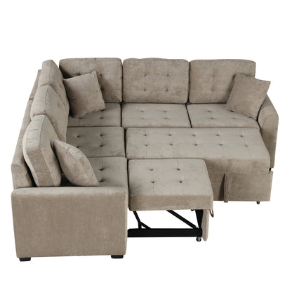 82.6 L-shape Sofa Bed Pull-out Sleeper Sofa with Wheels, USB Ports, Power Sockets for Living Room (SG001230AA), Khaki