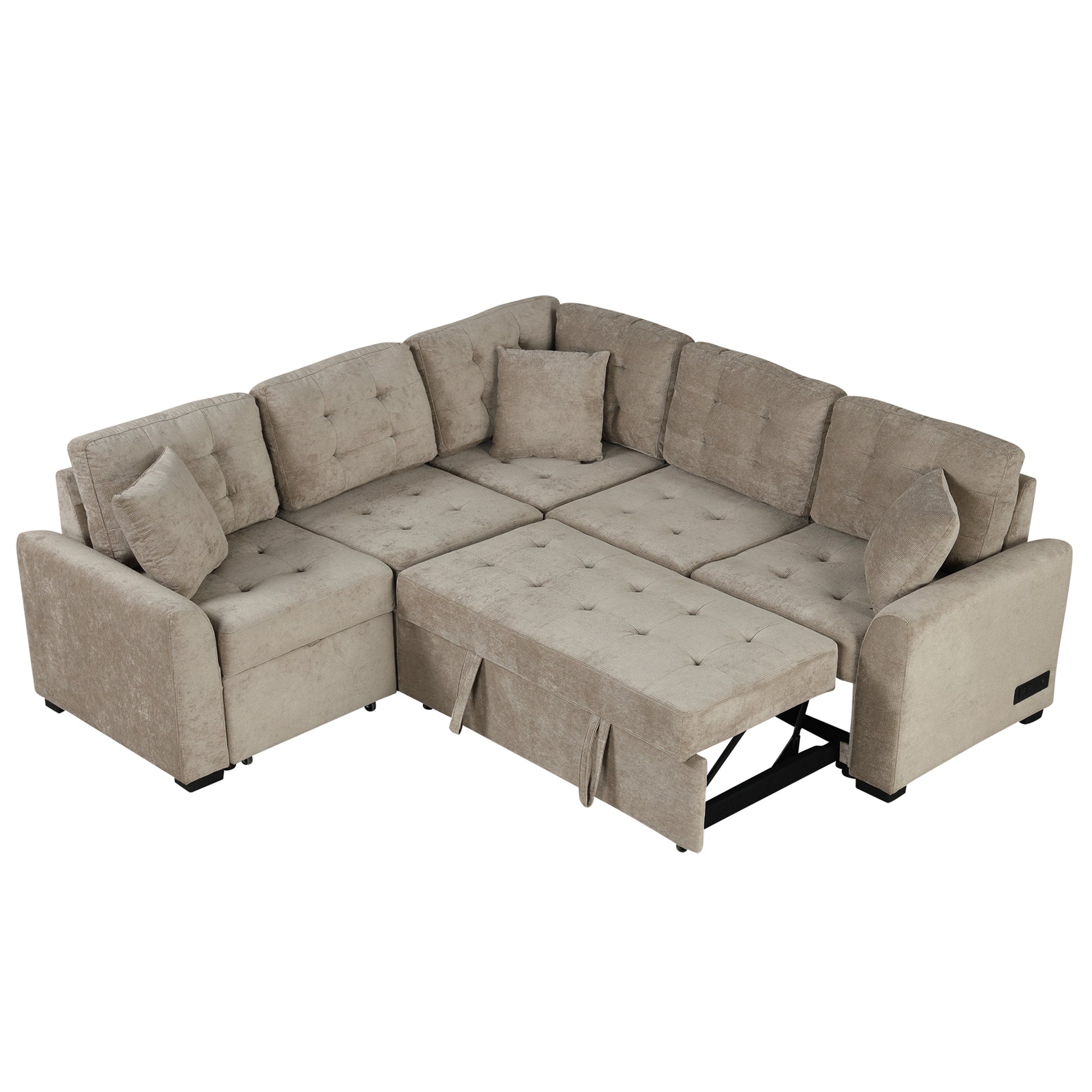 82.6 L-shape Sofa Bed Pull-out Sleeper Sofa with Wheels, USB Ports, Power Sockets for Living Room (SG001230AA), Khaki