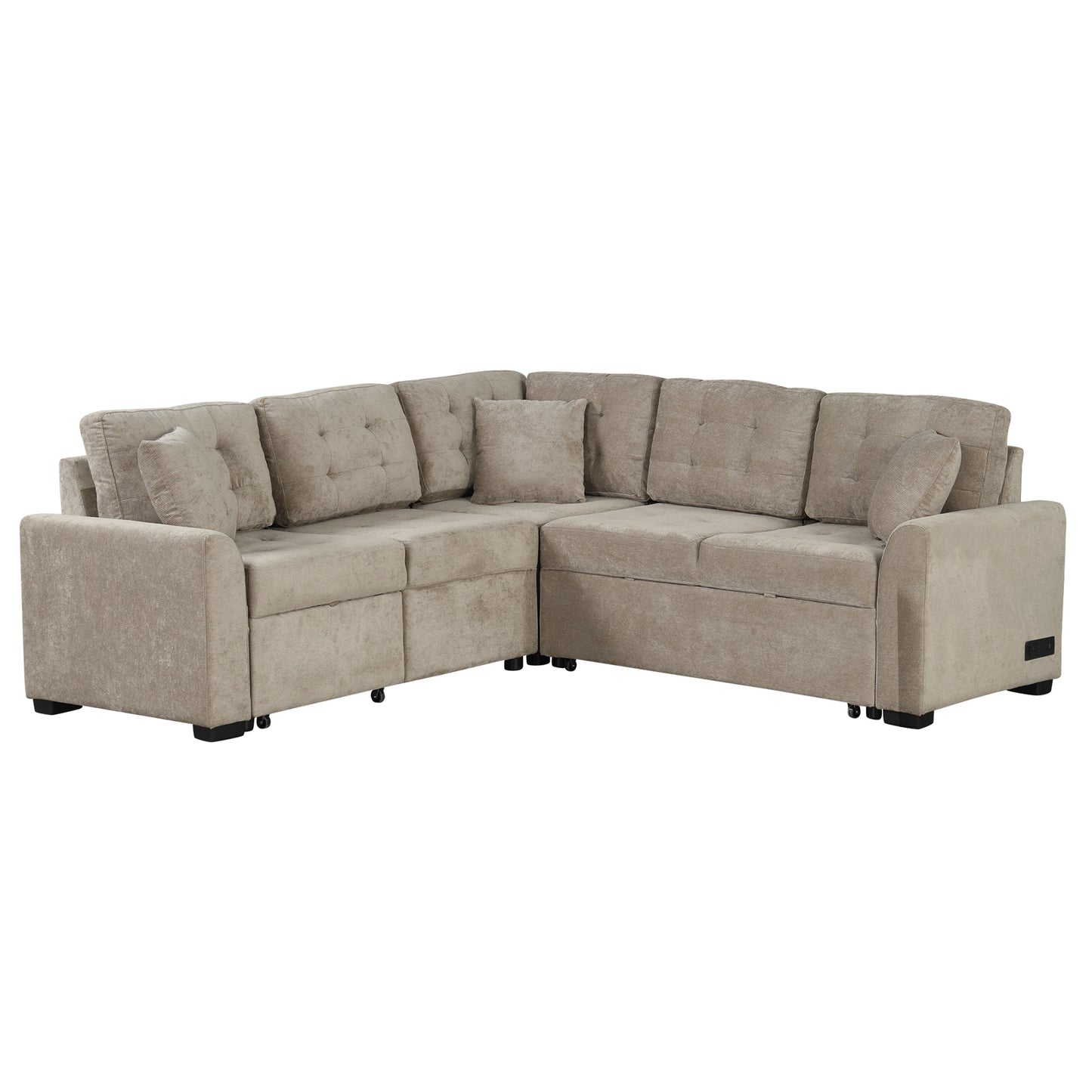 82.6 L-shape Sofa Bed Pull-out Sleeper Sofa with Wheels, USB Ports, Power Sockets for Living Room (SG001230AA), Khaki