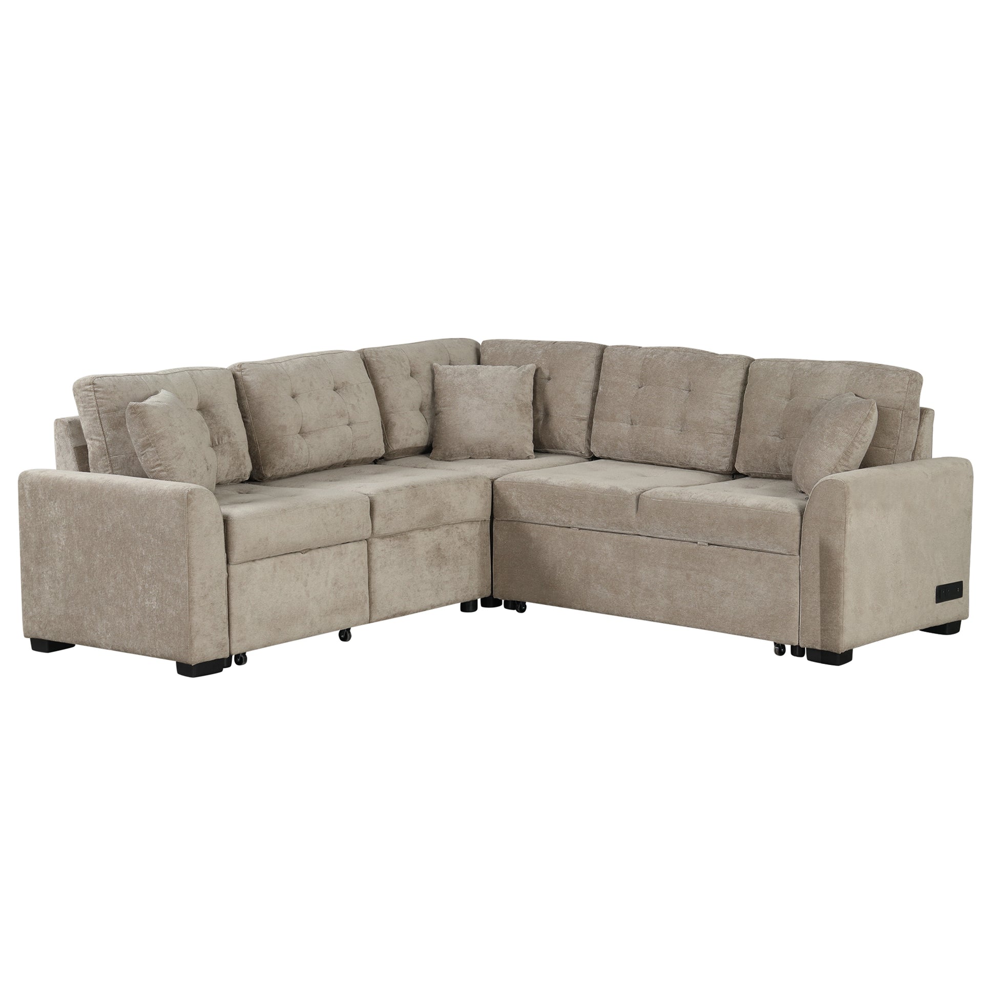 82.6 L-shape Sofa Bed Pull-out Sleeper Sofa with Wheels, USB Ports, Power Sockets for Living Room (SG001230AA), Khaki
