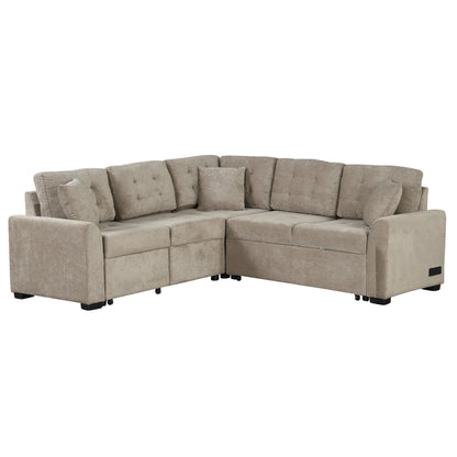 82.6 L-shape Sofa Bed Pull-out Sleeper Sofa with Wheels, USB Ports, Power Sockets for Living Room (SG001230AA), Khaki