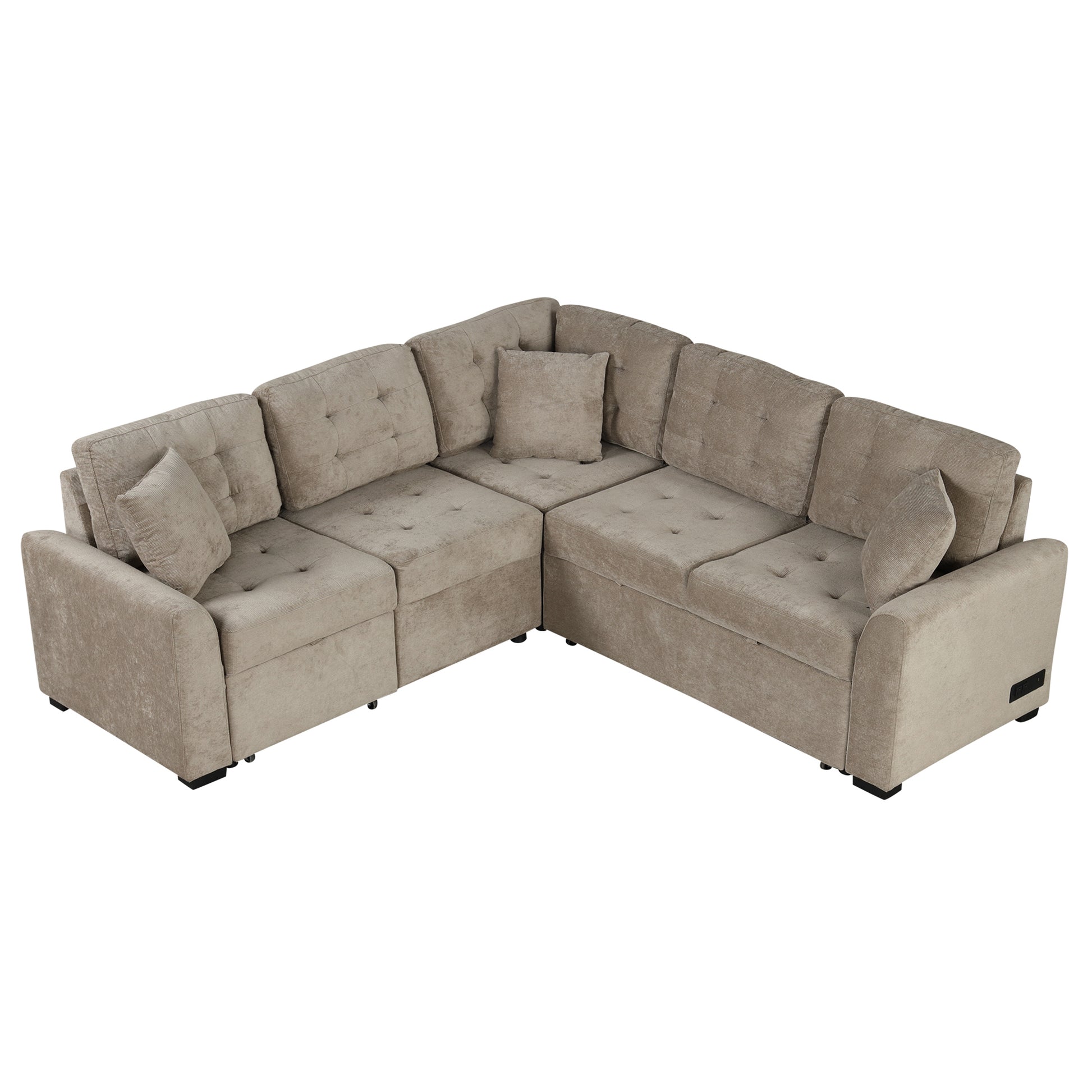 82.6 L-shape Sofa Bed Pull-out Sleeper Sofa with Wheels, USB Ports, Power Sockets for Living Room (SG001230AA), Khaki
