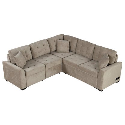 82.6 L-shape Sofa Bed Pull-out Sleeper Sofa with Wheels, USB Ports, Power Sockets for Living Room (SG001230AA), Khaki