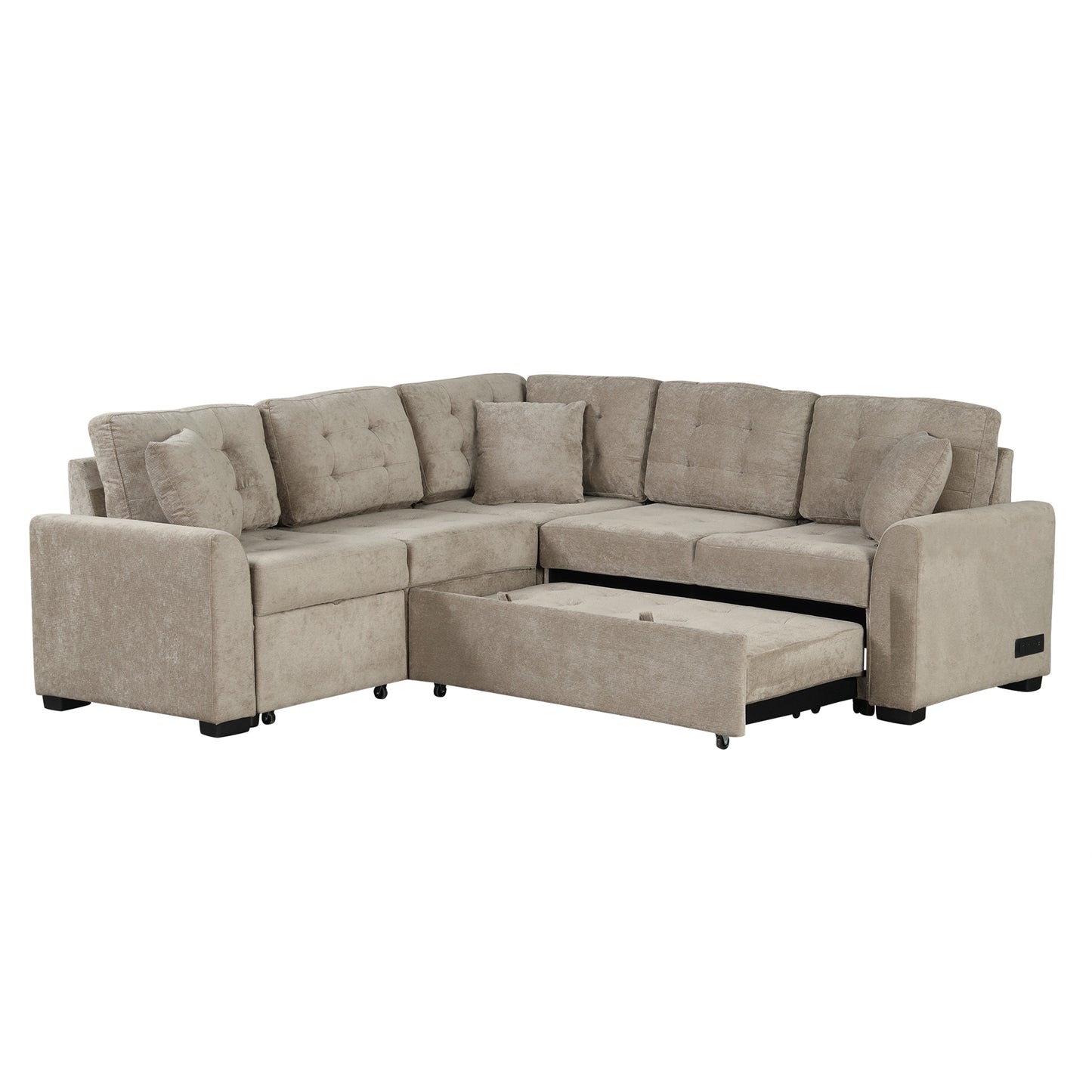 82.6 L-shape Sofa Bed Pull-out Sleeper Sofa with Wheels, USB Ports, Power Sockets for Living Room (SG001230AA), Khaki