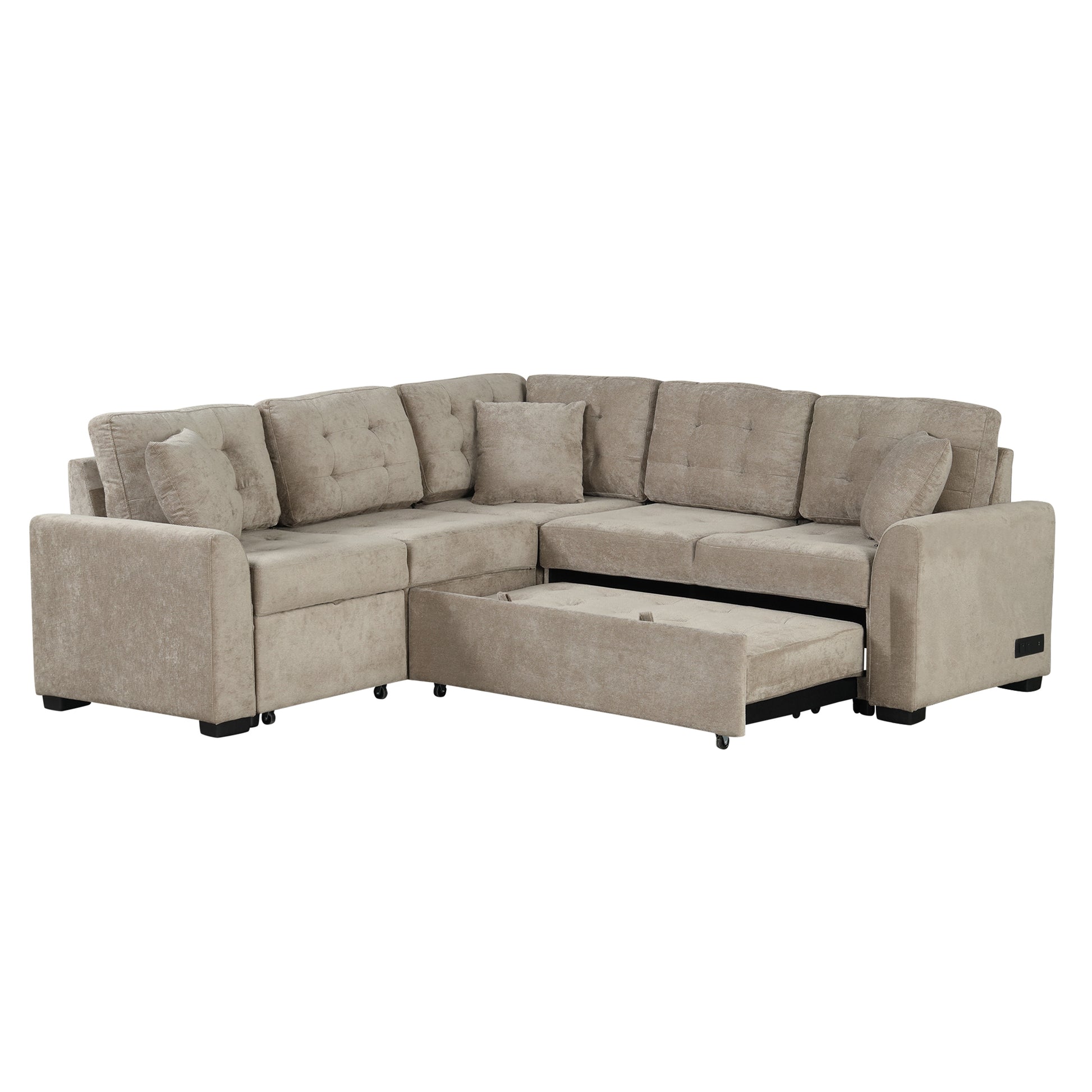 82.6 L-shape Sofa Bed Pull-out Sleeper Sofa with Wheels, USB Ports, Power Sockets for Living Room (SG001230AA), Khaki