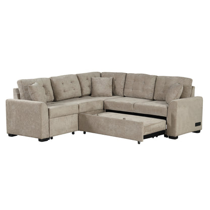 82.6 L-shape Sofa Bed Pull-out Sleeper Sofa with Wheels, USB Ports, Power Sockets for Living Room (SG001230AA), Khaki