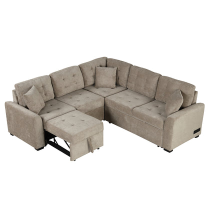 82.6 L-shape Sofa Bed Pull-out Sleeper Sofa with Wheels, USB Ports, Power Sockets for Living Room (SG001230AA), Khaki