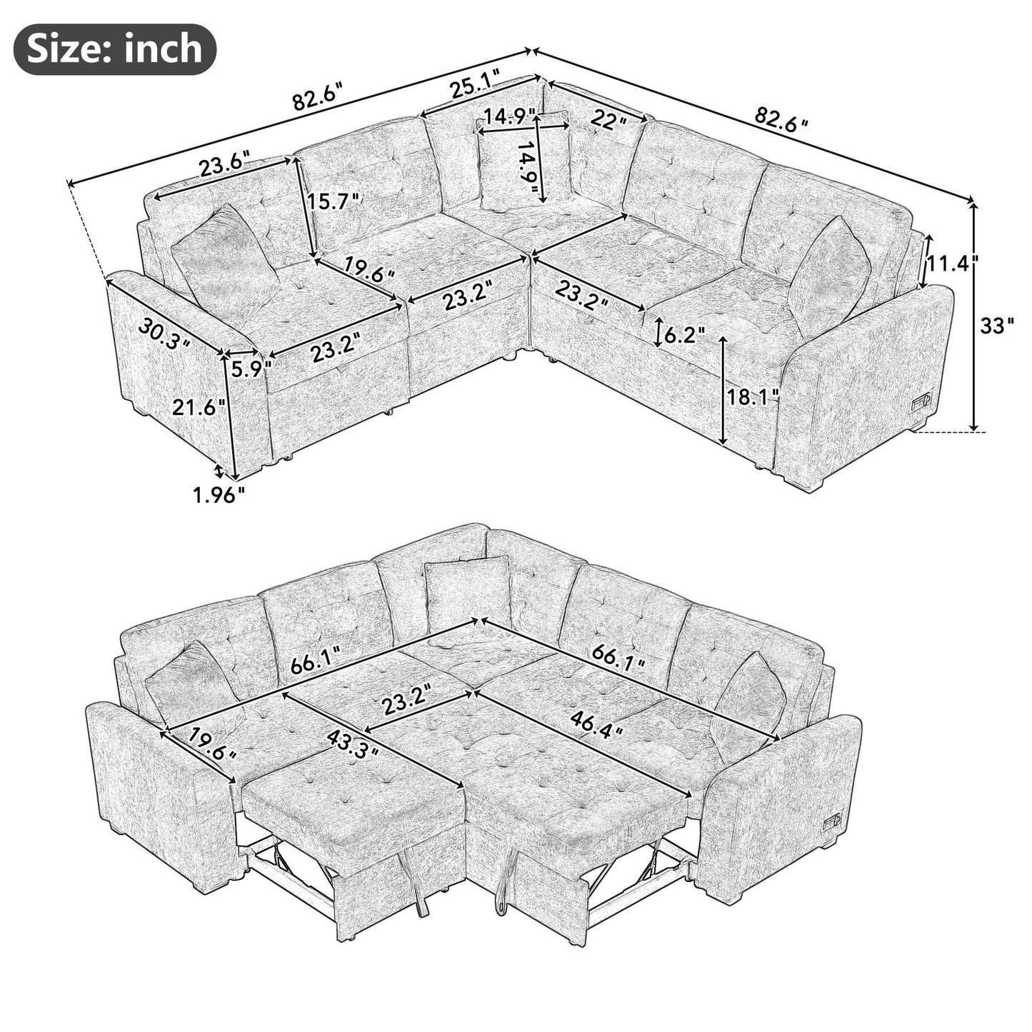 82.6 L-shape Sofa Bed Pull-out Sleeper Sofa with Wheels, USB Ports, Power Sockets for Living Room (SG001230AA), Khaki