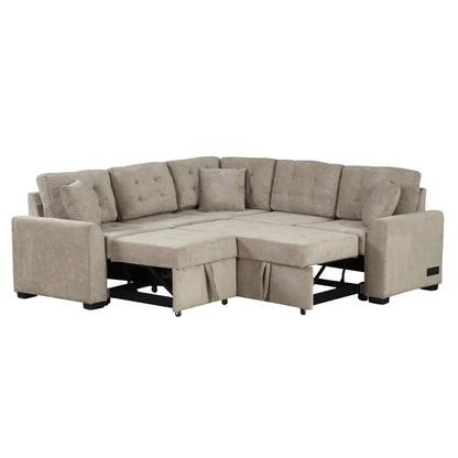 82.6 L-shape Sofa Bed Pull-out Sleeper Sofa with Wheels, USB Ports, Power Sockets for Living Room (SG001230AA), Khaki