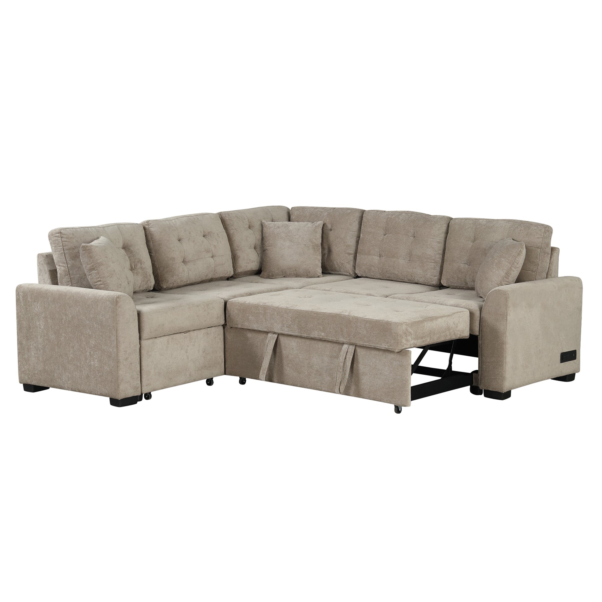 82.6 L-shape Sofa Bed Pull-out Sleeper Sofa with Wheels, USB Ports, Power Sockets for Living Room (SG001230AA), Khaki