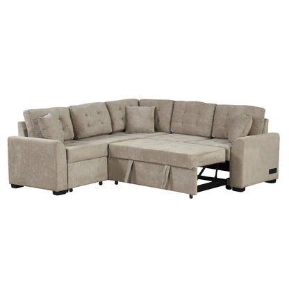 82.6 L-shape Sofa Bed Pull-out Sleeper Sofa with Wheels, USB Ports, Power Sockets for Living Room (SG001230AA), Khaki