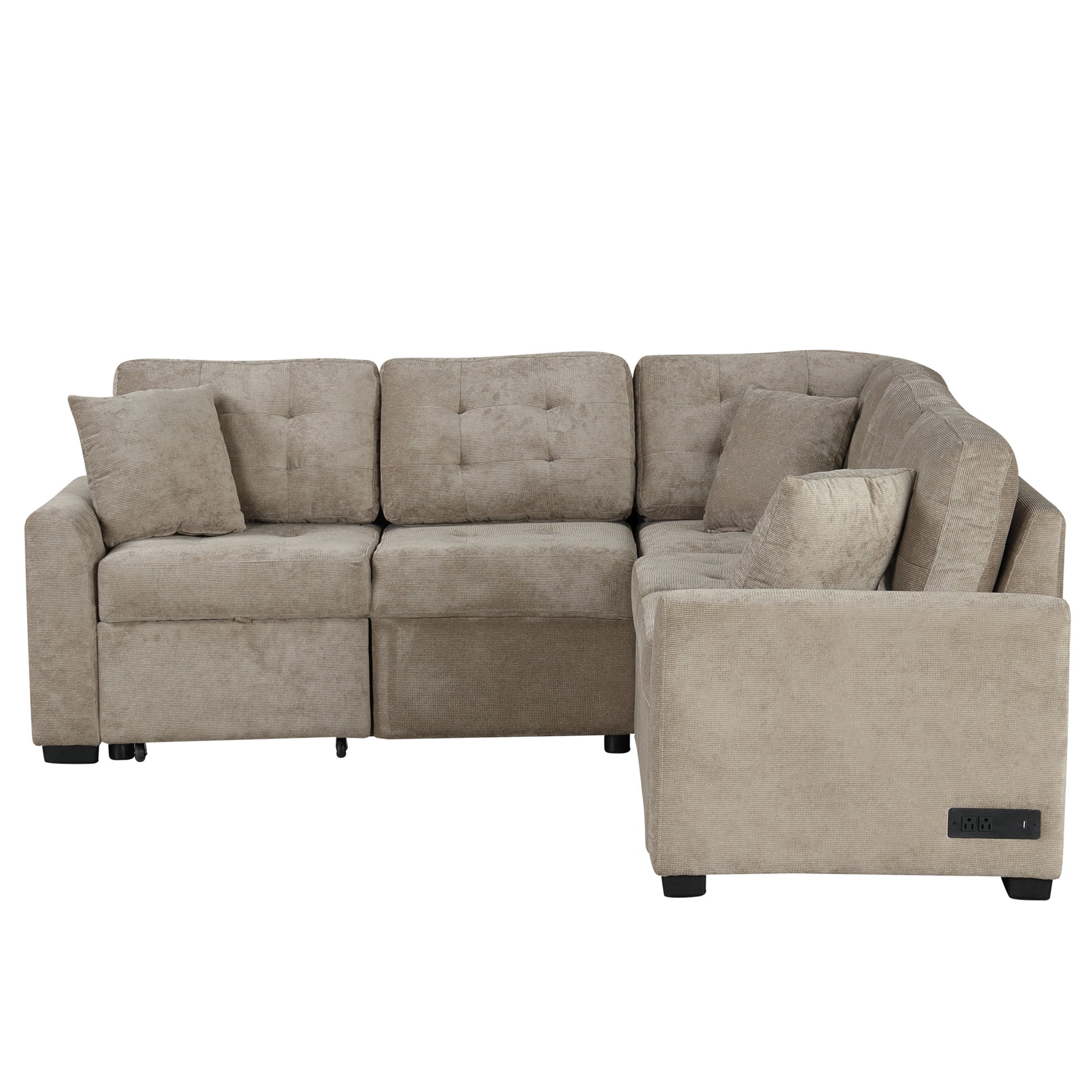 82.6 L-shape Sofa Bed Pull-out Sleeper Sofa with Wheels, USB Ports, Power Sockets for Living Room (SG001230AA), Khaki
