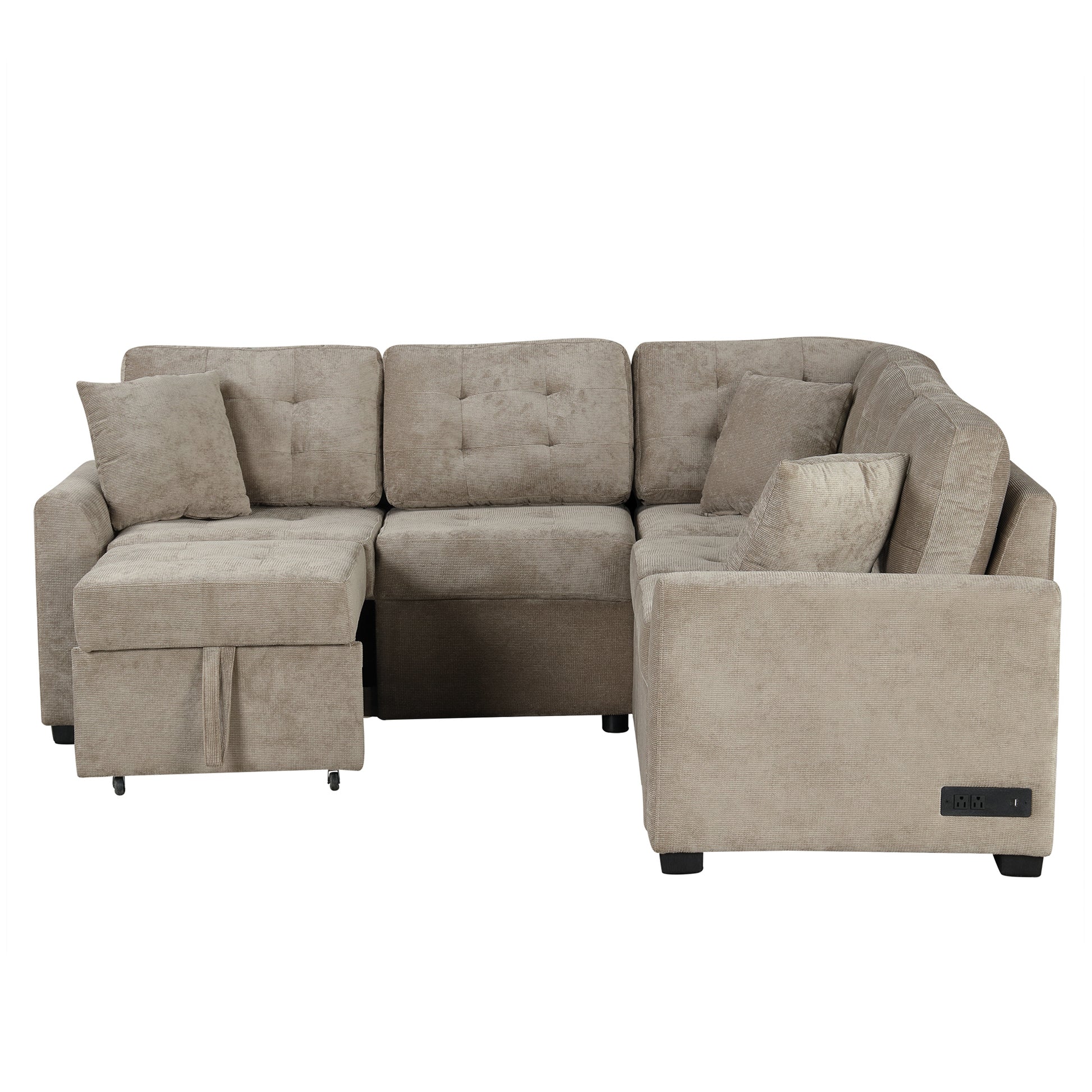 82.6 L-shape Sofa Bed Pull-out Sleeper Sofa with Wheels, USB Ports, Power Sockets for Living Room (SG001230AA), Khaki