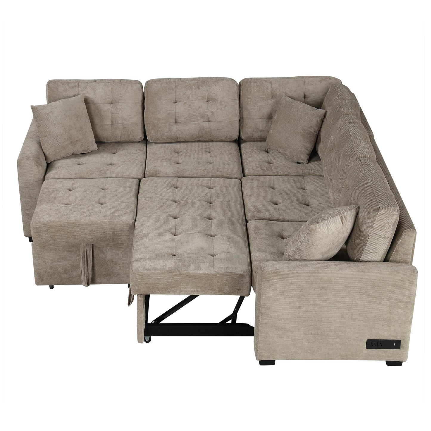 82.6 L-shape Sofa Bed Pull-out Sleeper Sofa with Wheels, USB Ports, Power Sockets for Living Room (SG001230AA), Khaki