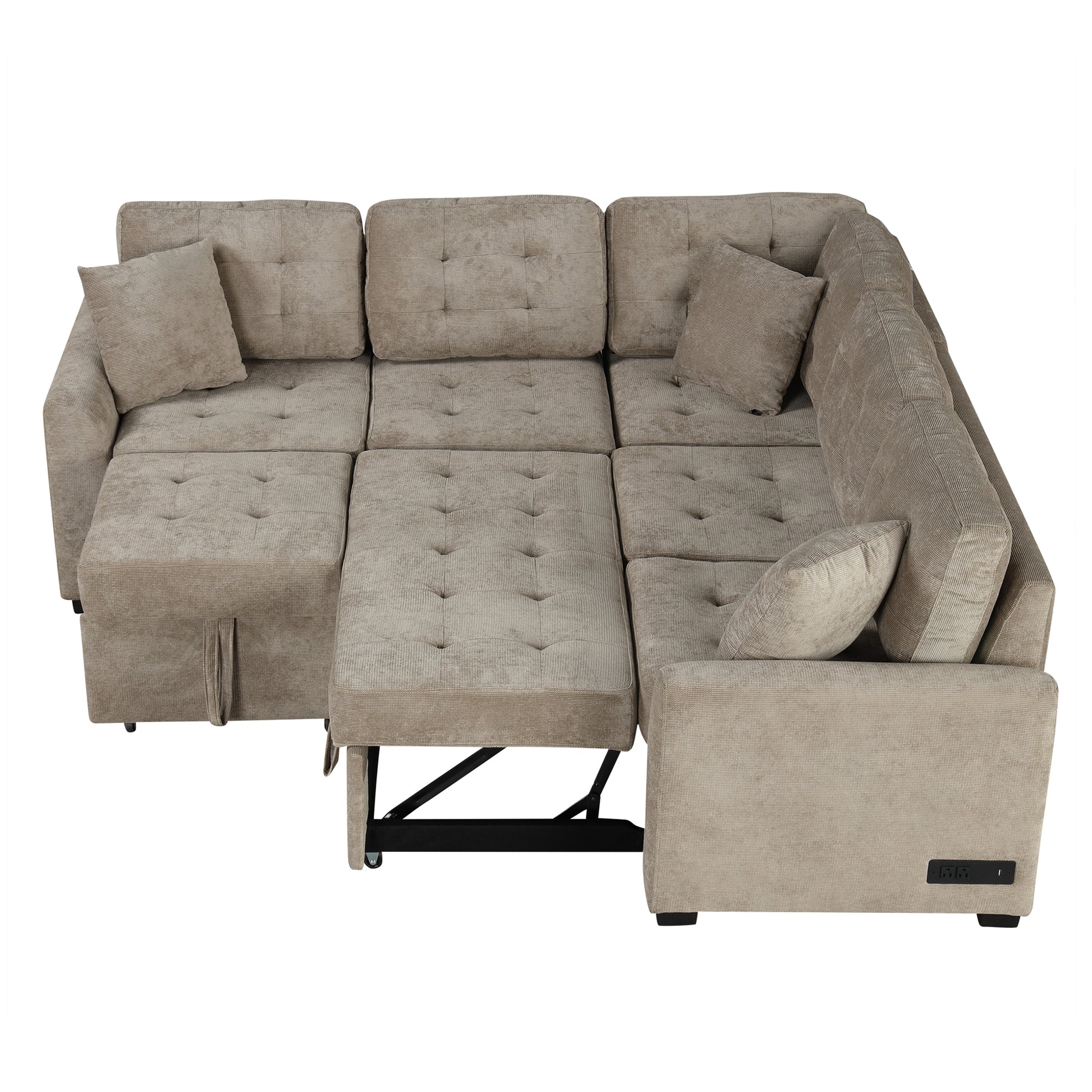 82.6 L-shape Sofa Bed Pull-out Sleeper Sofa with Wheels, USB Ports, Power Sockets for Living Room (SG001230AA), Khaki
