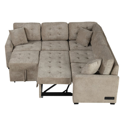 82.6 L-shape Sofa Bed Pull-out Sleeper Sofa with Wheels, USB Ports, Power Sockets for Living Room (SG001230AA), Khaki