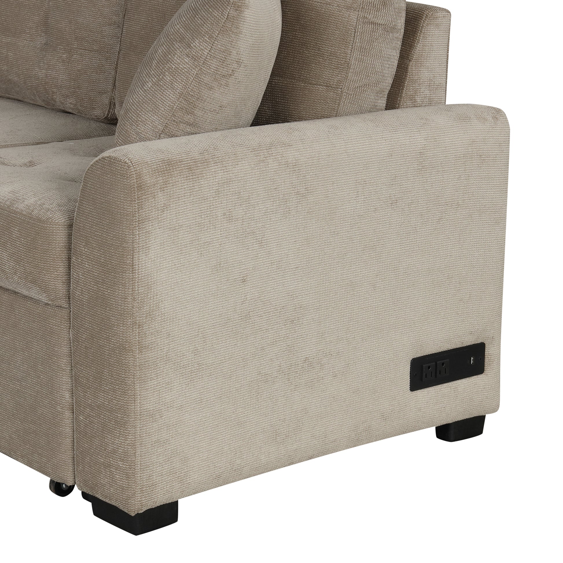 82.6 L-shape Sofa Bed Pull-out Sleeper Sofa with Wheels, USB Ports, Power Sockets for Living Room (SG001230AA), Khaki
