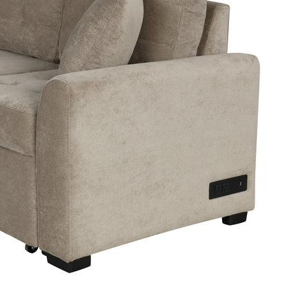 82.6 L-shape Sofa Bed Pull-out Sleeper Sofa with Wheels, USB Ports, Power Sockets for Living Room (SG001230AA), Khaki