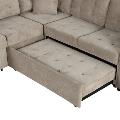 82.6 L-shape Sofa Bed Pull-out Sleeper Sofa with Wheels, USB Ports, Power Sockets for Living Room (SG001230AA), Khaki