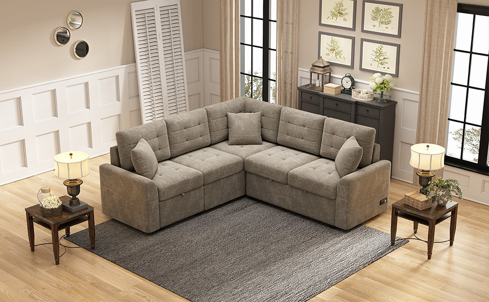 82.6 L-shape Sofa Bed Pull-out Sleeper Sofa with Wheels, USB Ports, Power Sockets for Living Room (SG001230AA), Khaki