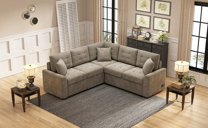 82.6 L-shape Sofa Bed Pull-out Sleeper Sofa with Wheels, USB Ports, Power Sockets for Living Room (SG001230AA), Khaki