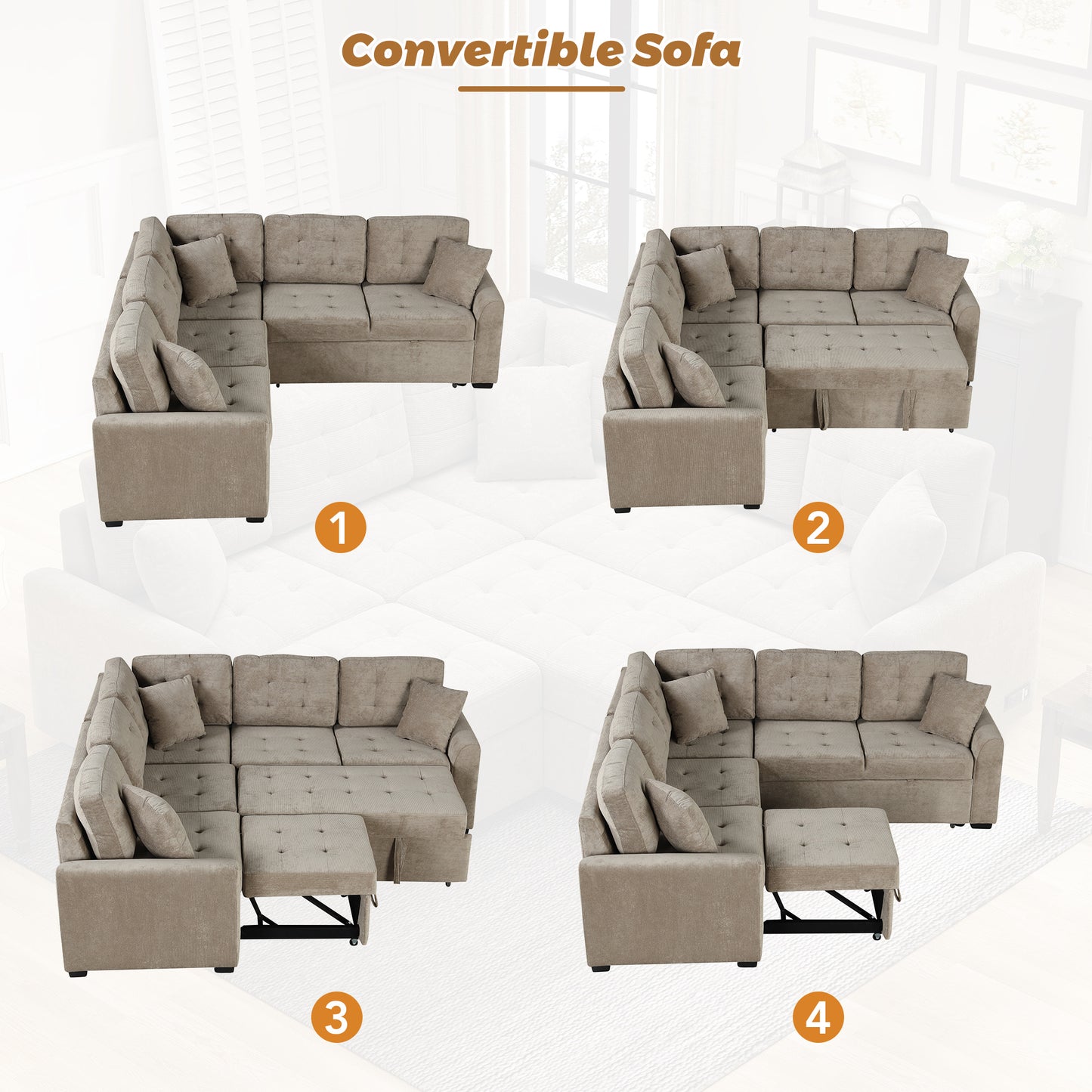 82.6 L-shape Sofa Bed Pull-out Sleeper Sofa with Wheels, USB Ports, Power Sockets for Living Room (SG001230AA), Khaki