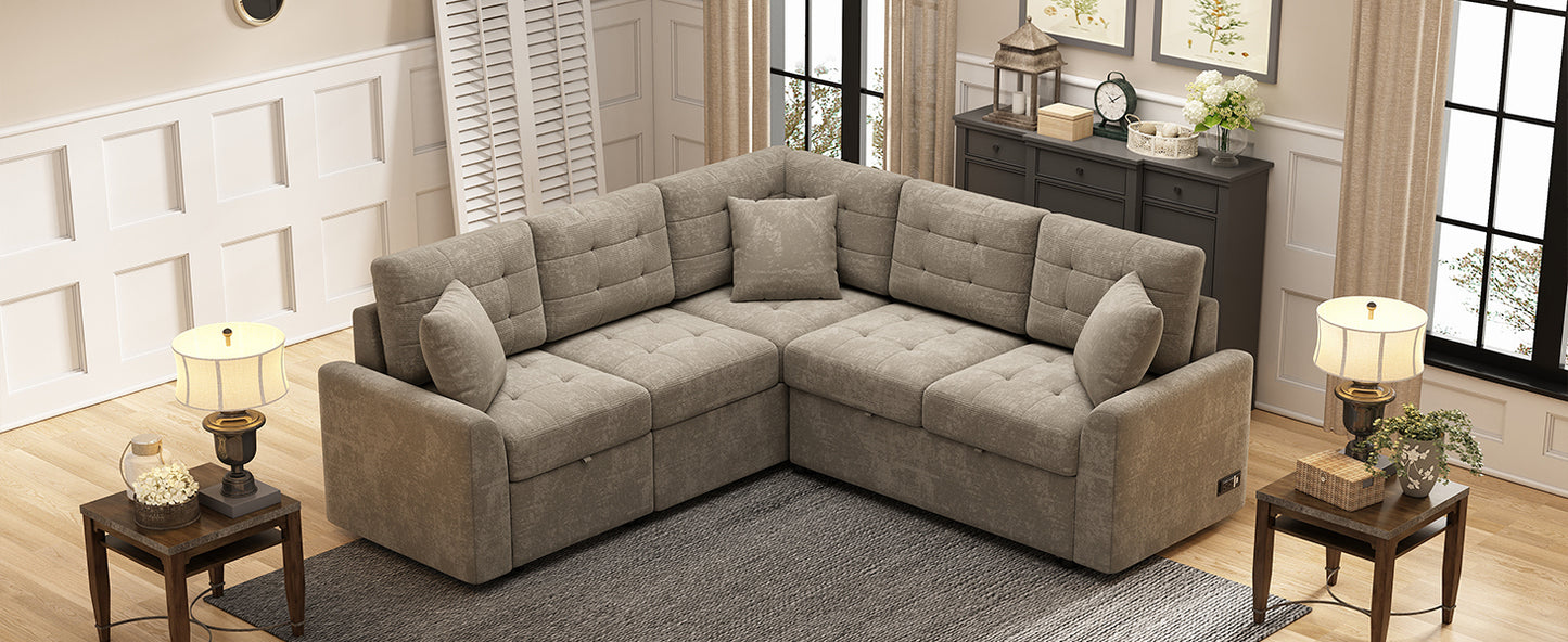 Khaki Velvet L-Shaped Sofa Bed with Wheels and USB