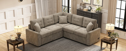 Khaki Velvet L-Shaped Sofa Bed with Wheels and USB