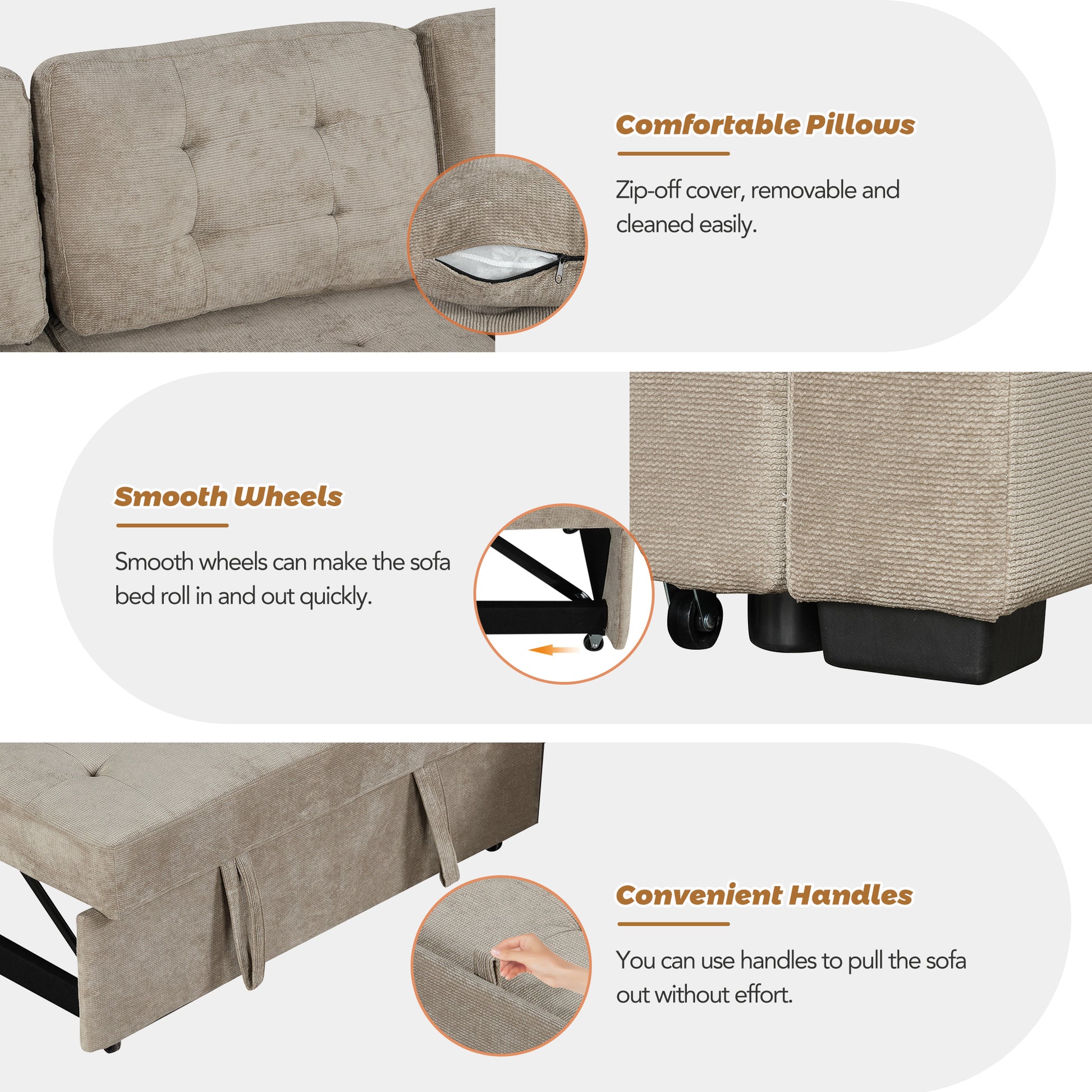 82.6 L-shape Sofa Bed Pull-out Sleeper Sofa with Wheels, USB Ports, Power Sockets for Living Room (SG001230AA), Khaki