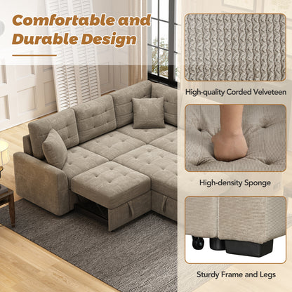 82.6 L-shape Sofa Bed Pull-out Sleeper Sofa with Wheels, USB Ports, Power Sockets for Living Room (SG001230AA), Khaki