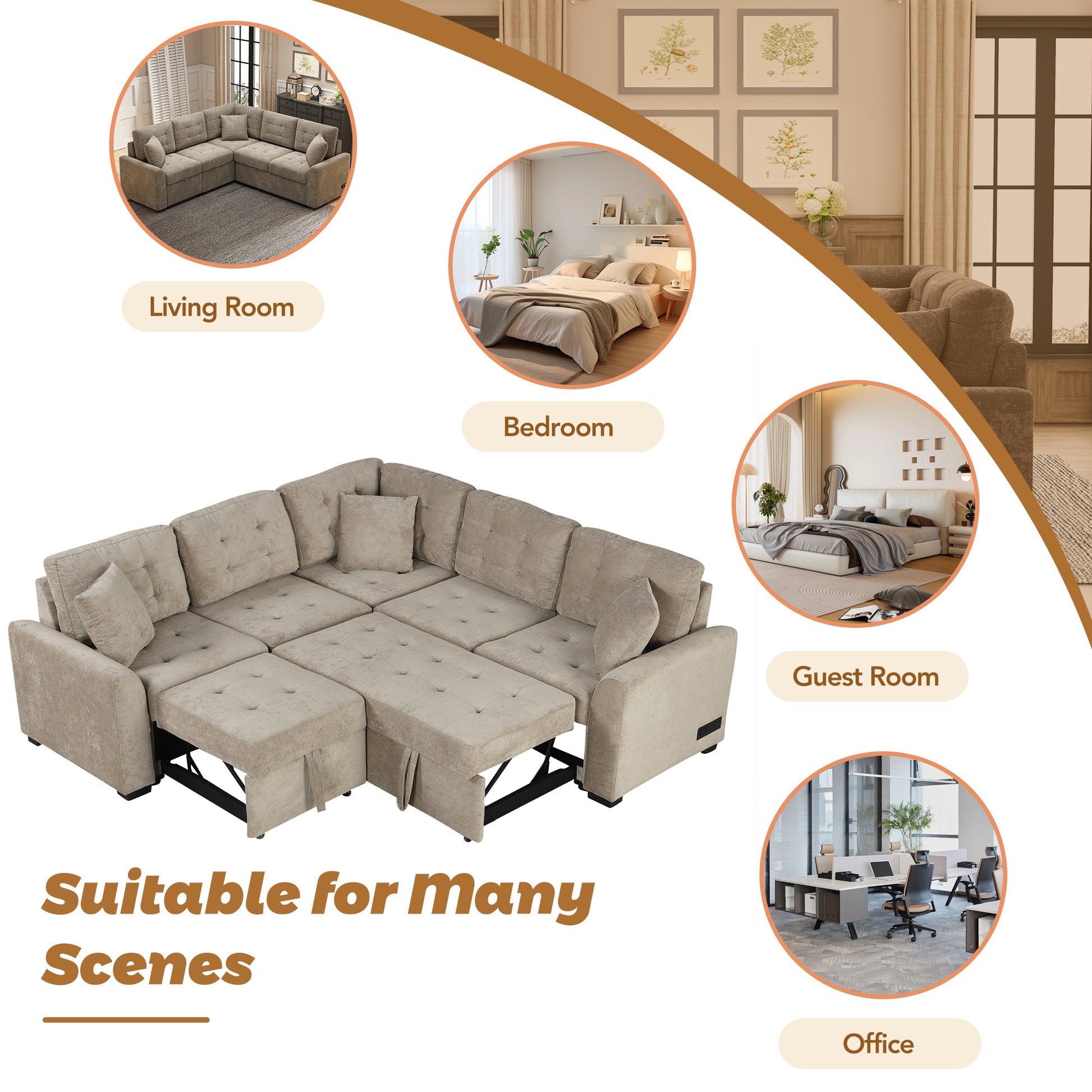 82.6 L-shape Sofa Bed Pull-out Sleeper Sofa with Wheels, USB Ports, Power Sockets for Living Room (SG001230AA), Khaki