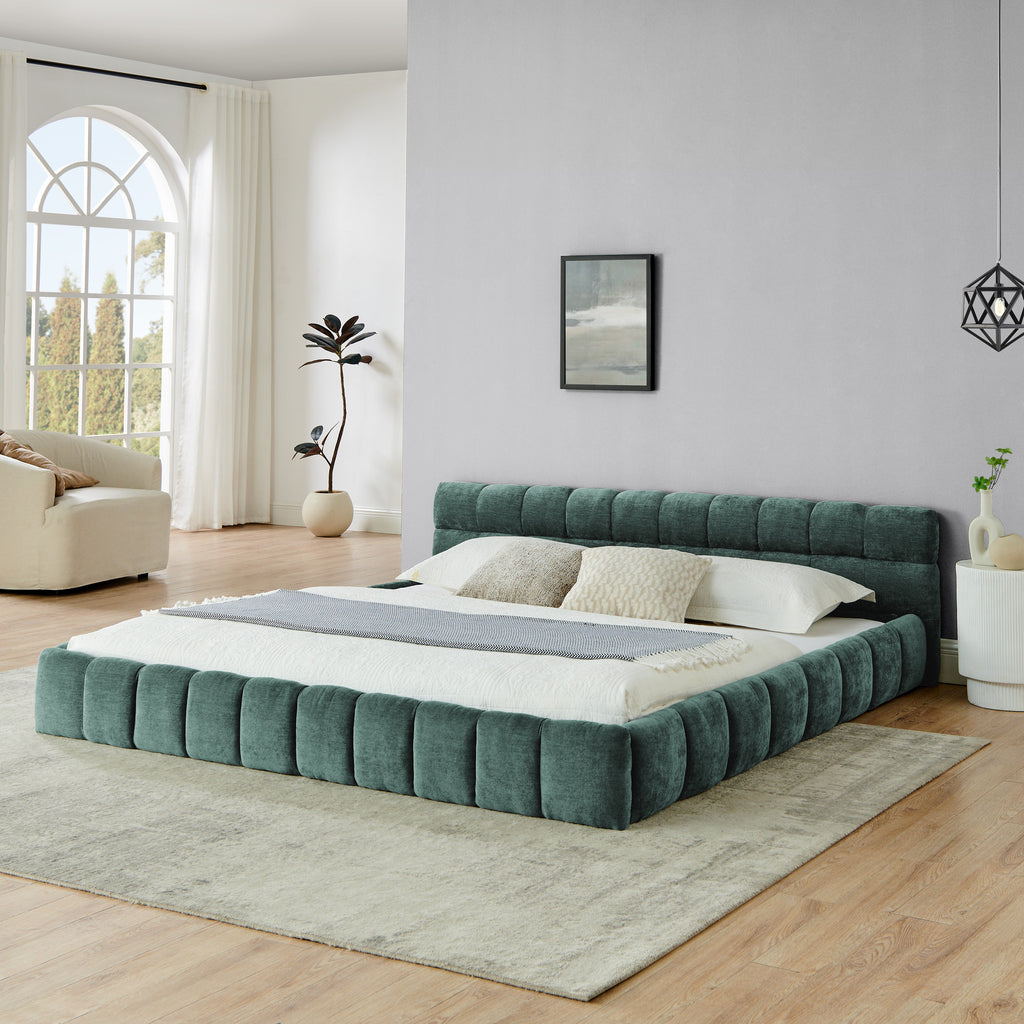 King size Upholstered Bed Frame with Thick Fabric, Chenille Fabric Grounded Queen Size Platform Bed with Headboard and Solid Frame. No Box Spring Needed-green(88.5''*85.5''*24'')