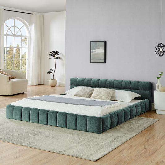 King size Upholstered Bed Frame with Thick Fabric, Chenille Fabric Grounded Queen Size Platform Bed with Headboard and Solid Frame. No Box Spring Needed-green(88.5''*85.5''*24'')