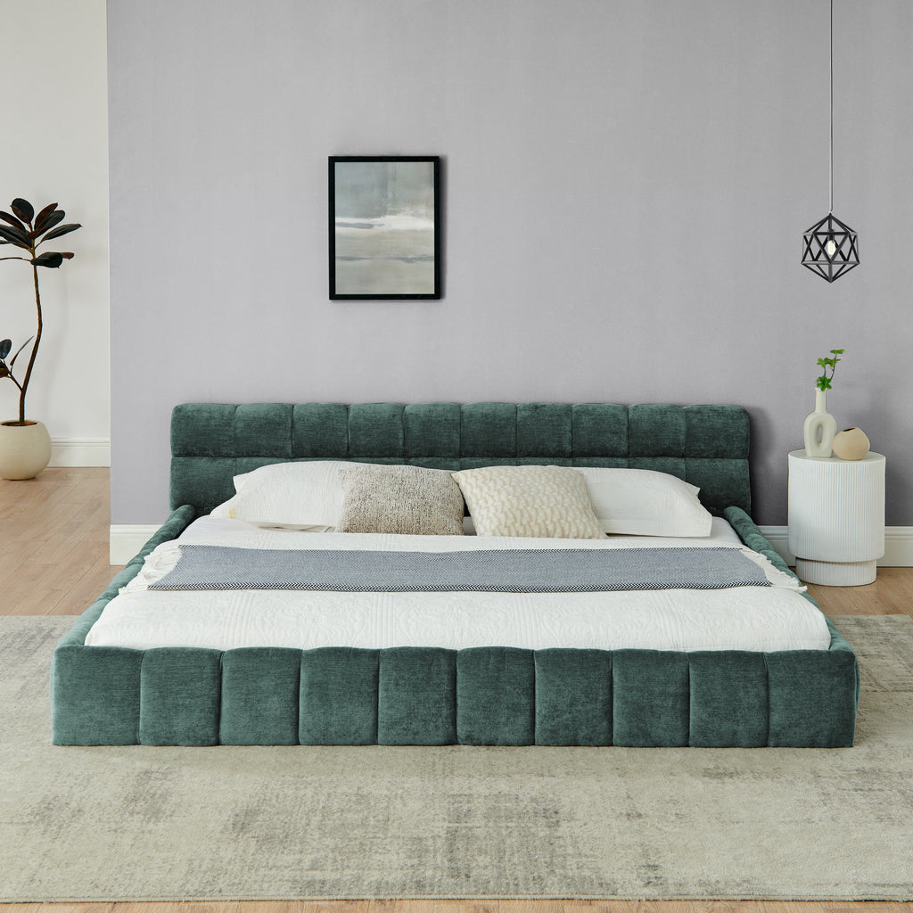 King size Upholstered Bed Frame with Thick Fabric, Chenille Fabric Grounded Queen Size Platform Bed with Headboard and Solid Frame. No Box Spring Needed-green(88.5''*85.5''*24'')