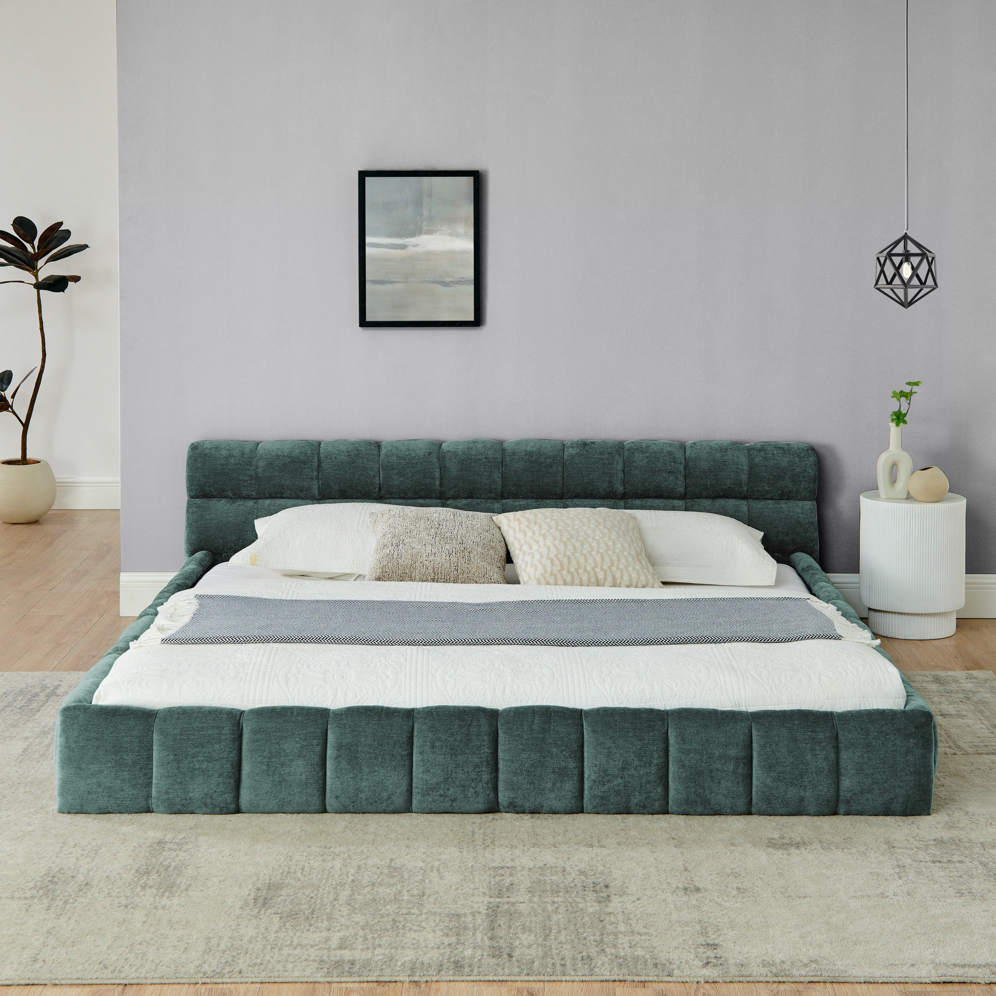 King size Upholstered Bed Frame with Thick Fabric, Chenille Fabric Grounded Queen Size Platform Bed with Headboard and Solid Frame. No Box Spring Needed-green(88.5''*85.5''*24'')