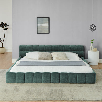 King size Upholstered Bed Frame with Thick Fabric, Chenille Fabric Grounded Queen Size Platform Bed with Headboard and Solid Frame. No Box Spring Needed-green(88.5''*85.5''*24'')