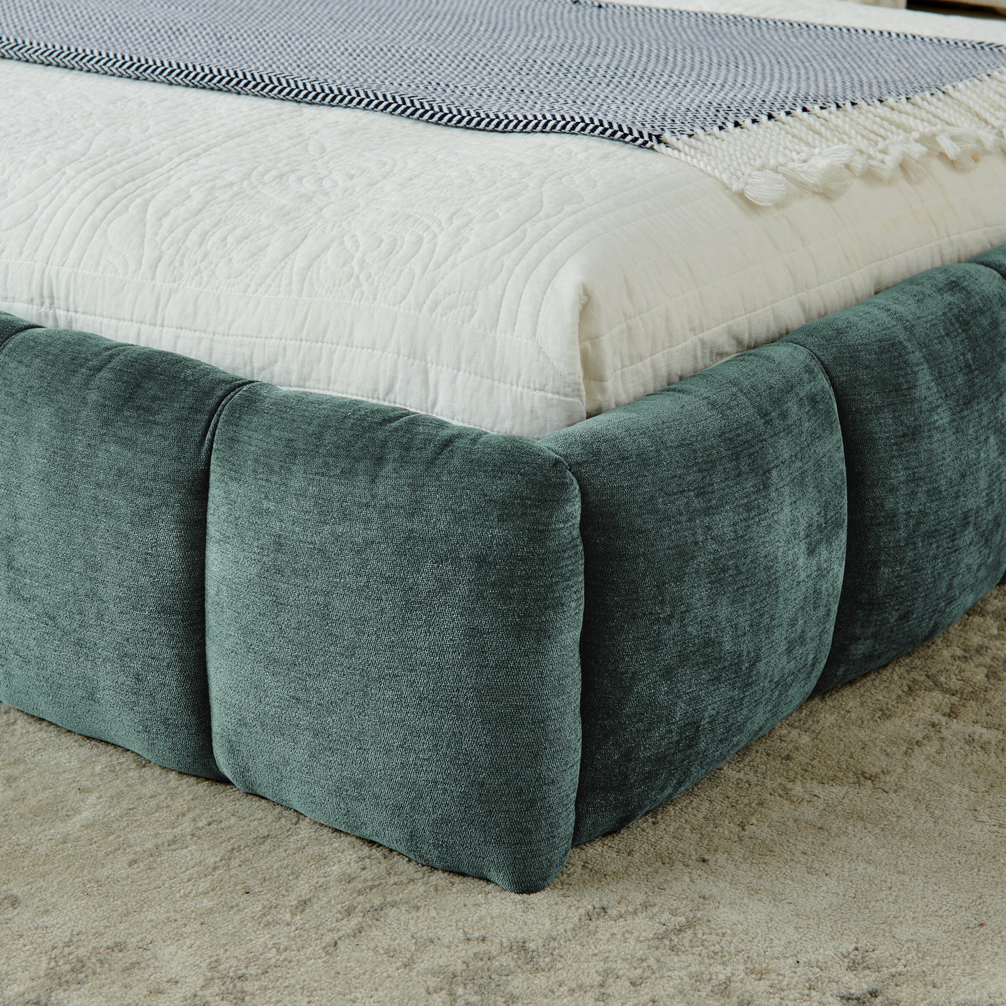 King size Upholstered Bed Frame with Thick Fabric, Chenille Fabric Grounded Queen Size Platform Bed with Headboard and Solid Frame. No Box Spring Needed-green(88.5''*85.5''*24'')