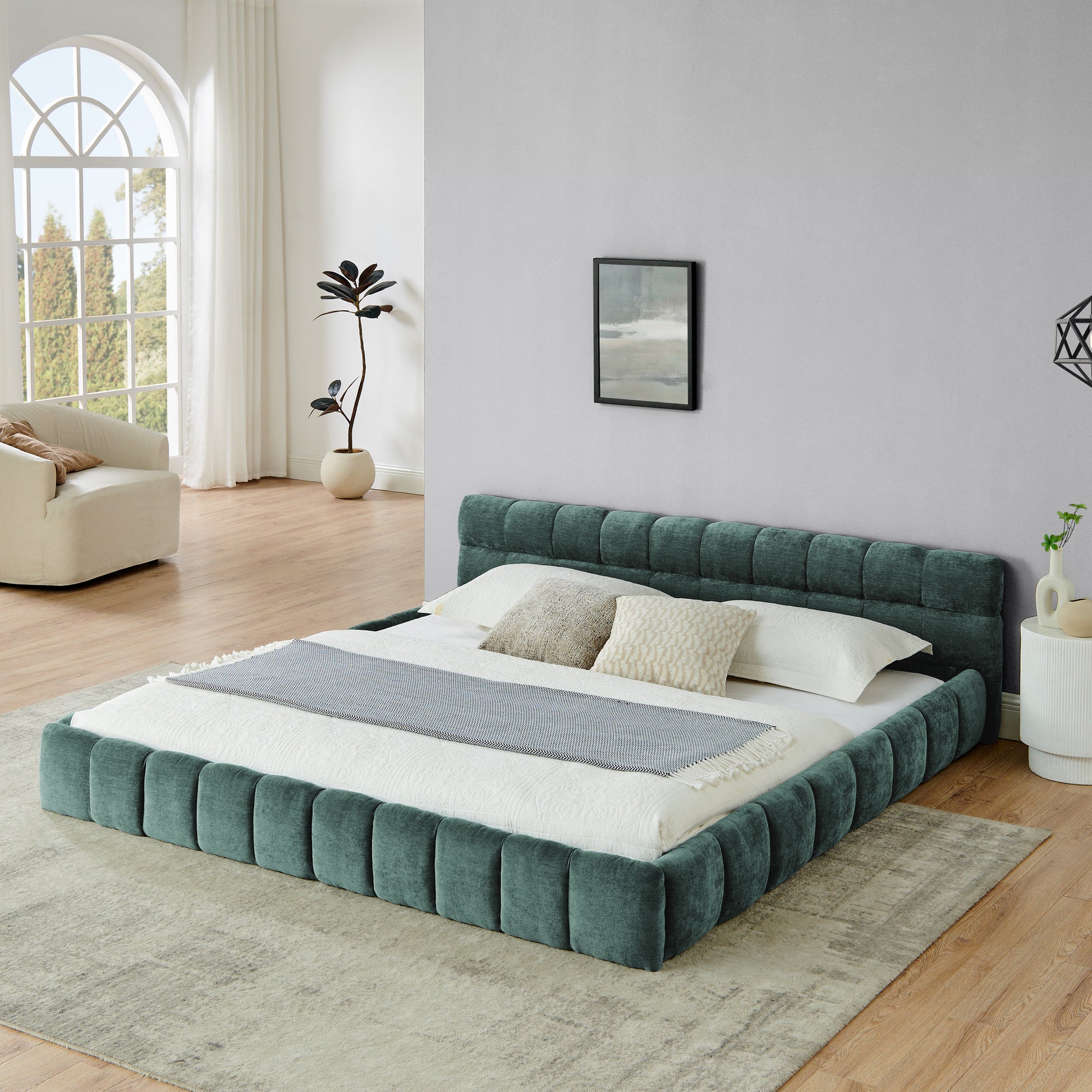 King size Upholstered Bed Frame with Thick Fabric, Chenille Fabric Grounded Queen Size Platform Bed with Headboard and Solid Frame. No Box Spring Needed-green(88.5''*85.5''*24'')