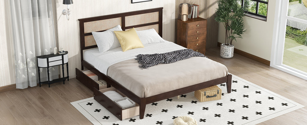 King Size Bed with Rattan Headboard, Two Storage Drawers, Rubber Wood Bed with Enhanced Support Salts and Feet,Espresso