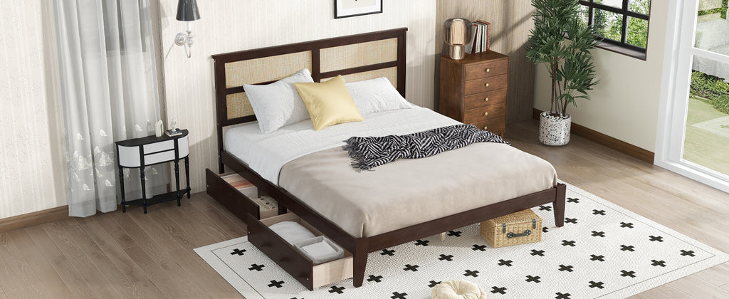 King Size Bed with Rattan Headboard, Two Storage Drawers, Rubber Wood Bed with Enhanced Support Salts and Feet,Espresso