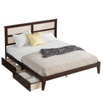 King Size Bed with Rattan Headboard, Two Storage Drawers, Rubber Wood Bed with Enhanced Support Salts and Feet,Espresso