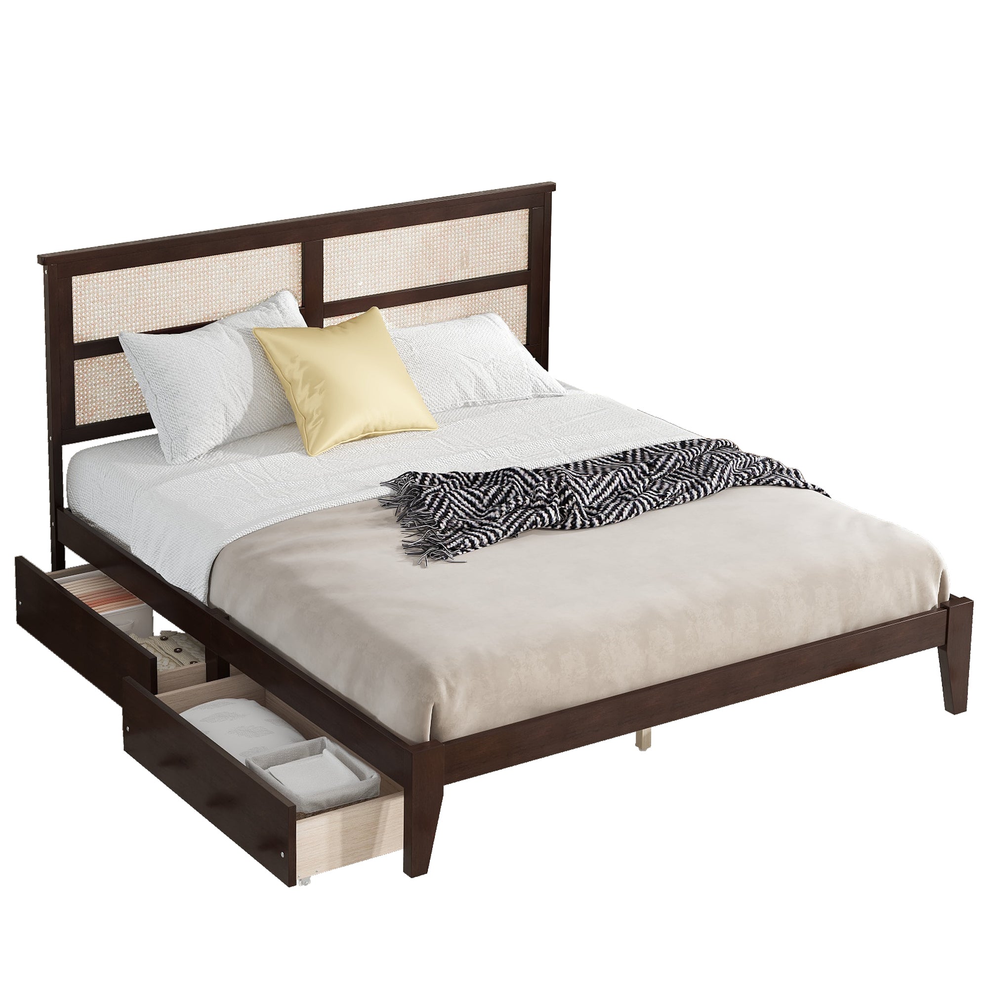 King Size Bed with Rattan Headboard, Two Storage Drawers, Rubber Wood Bed with Enhanced Support Salts and Feet,Espresso