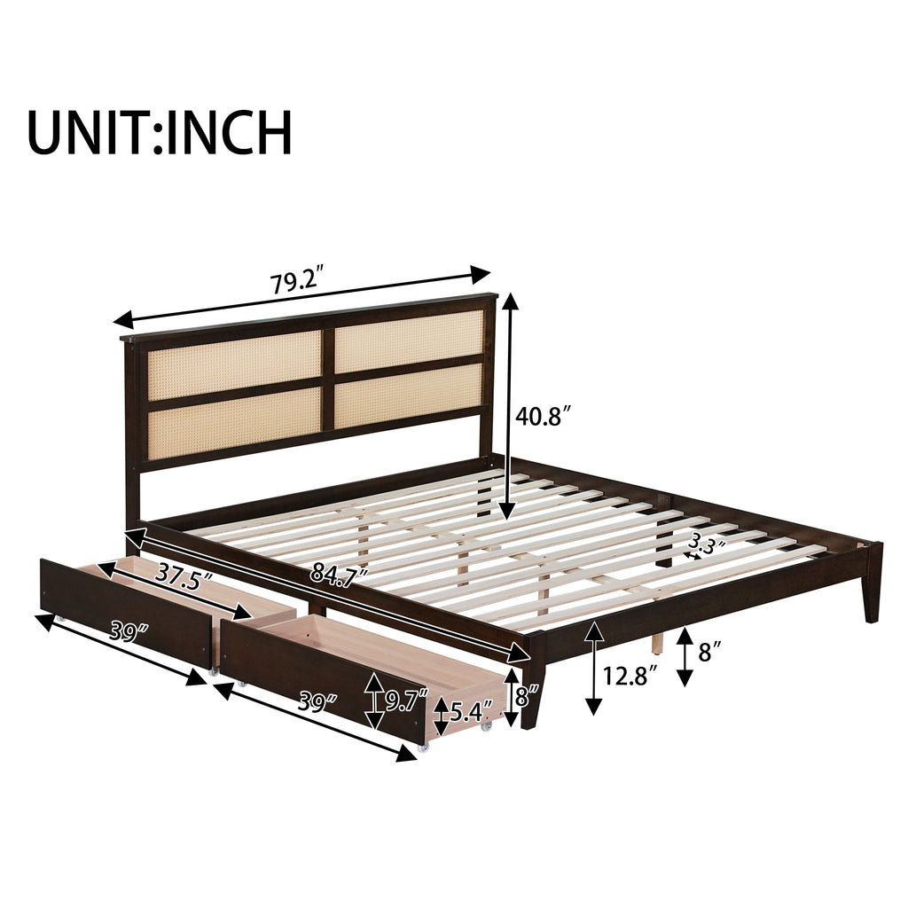 King Size Bed with Rattan Headboard, Two Storage Drawers, Rubber Wood Bed with Enhanced Support Salts and Feet,Espresso