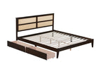 King Size Bed with Rattan Headboard, Two Storage Drawers, Rubber Wood Bed with Enhanced Support Salts and Feet,Espresso