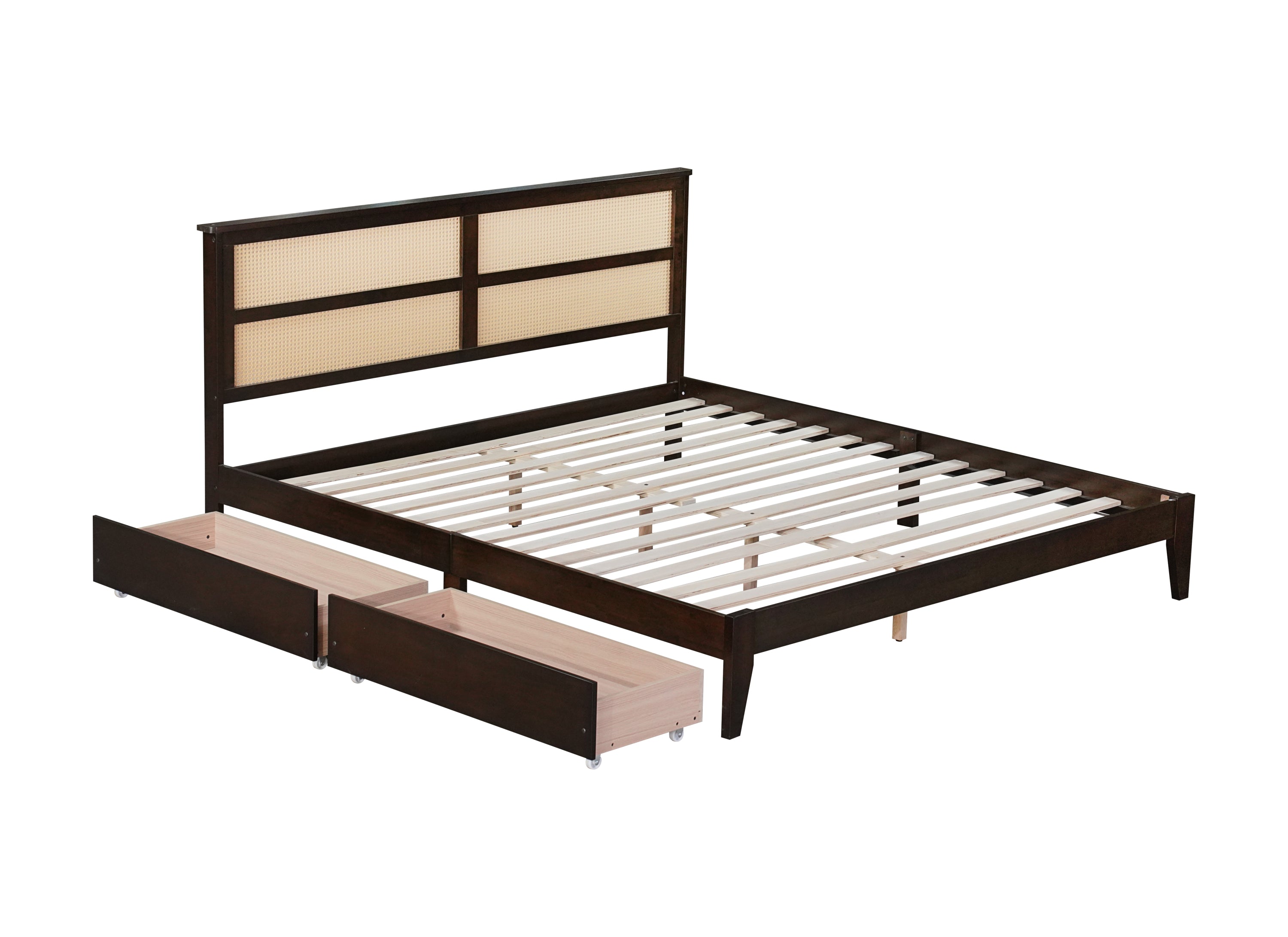 King Size Bed with Rattan Headboard, Two Storage Drawers, Rubber Wood Bed with Enhanced Support Salts and Feet,Espresso