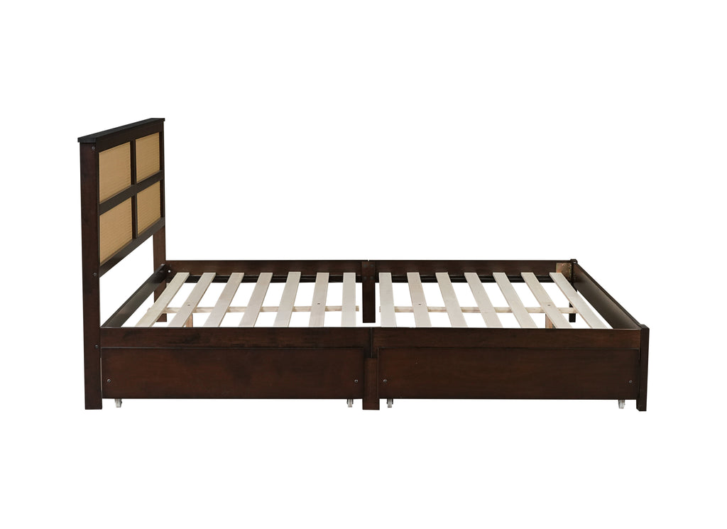 King Size Bed with Rattan Headboard, Two Storage Drawers, Rubber Wood Bed with Enhanced Support Salts and Feet,Espresso
